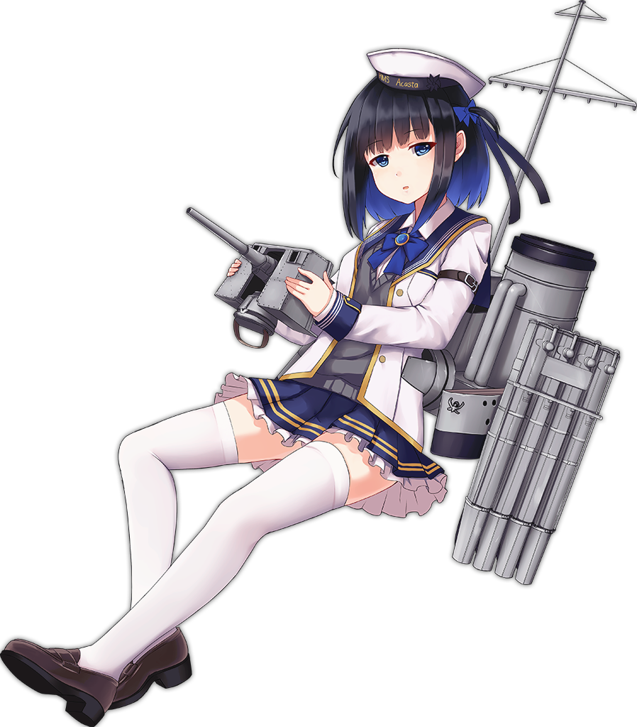 1girl acasta_(azur_lane) allenes azur_lane bangs belt black_hair blue_eyes buttons clothes_writing eyebrows eyebrows_visible_through_hair full_body grey_vest hat jacket long_sleeves machinery miniskirt official_art one_side_up open_clothes open_jacket pleated_skirt short_hair simple_background skirt solo thigh-highs transparent_background vest white_hat white_jacket white_legwear zettai_ryouiki
