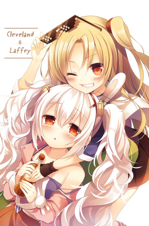 2girls :&lt; amamine animal_ears azur_lane bangs bare_shoulders black_skirt blonde_hair blue_skirt blush bottle camisole character_name cleveland_(azur_lane) collarbone commentary_request eyebrows_visible_through_hair glass_bottle grin hair_between_eyes hair_ornament hair_scrunchie hairband holding holding_bottle holding_eyewear jacket laffey_(azur_lane) long_hair long_sleeves looking_at_viewer multiple_girls off_shoulder one_eye_closed one_side_up open_clothes open_jacket orange_eyes orange_scrunchie pink_jacket pleated_skirt rabbit_ears red_hairband red_skirt scrunchie simple_background skirt sleeves_past_wrists smile strap_slip sunglasses triangle_mouth twintails very_long_hair white_background white_hair