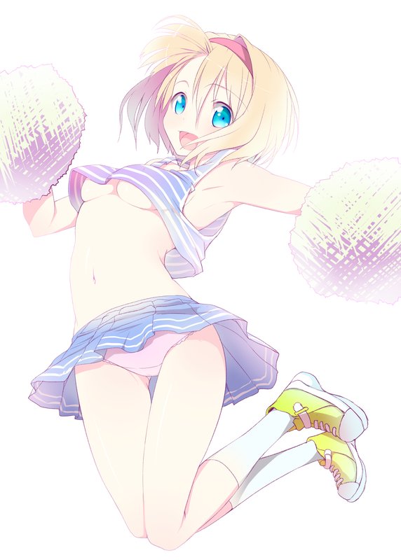 1girl alice_margatroid alternate_costume armpits blonde_hair blue_eyes blue_skirt breasts full_body gluteal_fold hair_between_eyes hairband kneehighs looking_at_viewer medium_breasts miniskirt navel nirap no_bra open_mouth panties pink_panties pom_poms shoes simple_background skirt smile solo stomach thigh_gap thighs touhou under_boob underwear white_background white_legwear yellow_footwear