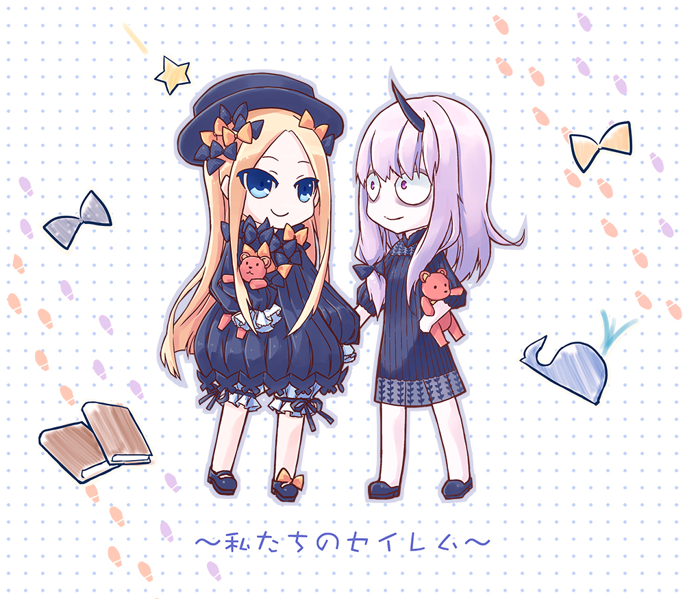 2girls abigail_williams_(fate/grand_order) bags_under_eyes bangs black_bow black_dress black_footwear black_hat blonde_hair bloomers blue_eyes book bow butterfly chibi closed_mouth commentary_request dress eye_contact fate/grand_order fate_(series) footprints hair_bow hand_holding hands_in_sleeves hat hidari_yuuko horn lavinia_whateley_(fate/grand_order) long_hair long_sleeves looking_at_another looking_at_viewer mary_janes multiple_girls object_hug orange_bow parted_bangs polka_dot polka_dot_background polka_dot_bow shoes smile standing star stuffed_animal stuffed_toy teddy_bear underwear very_long_hair violet_eyes whale white_background white_bloomers wide-eyed