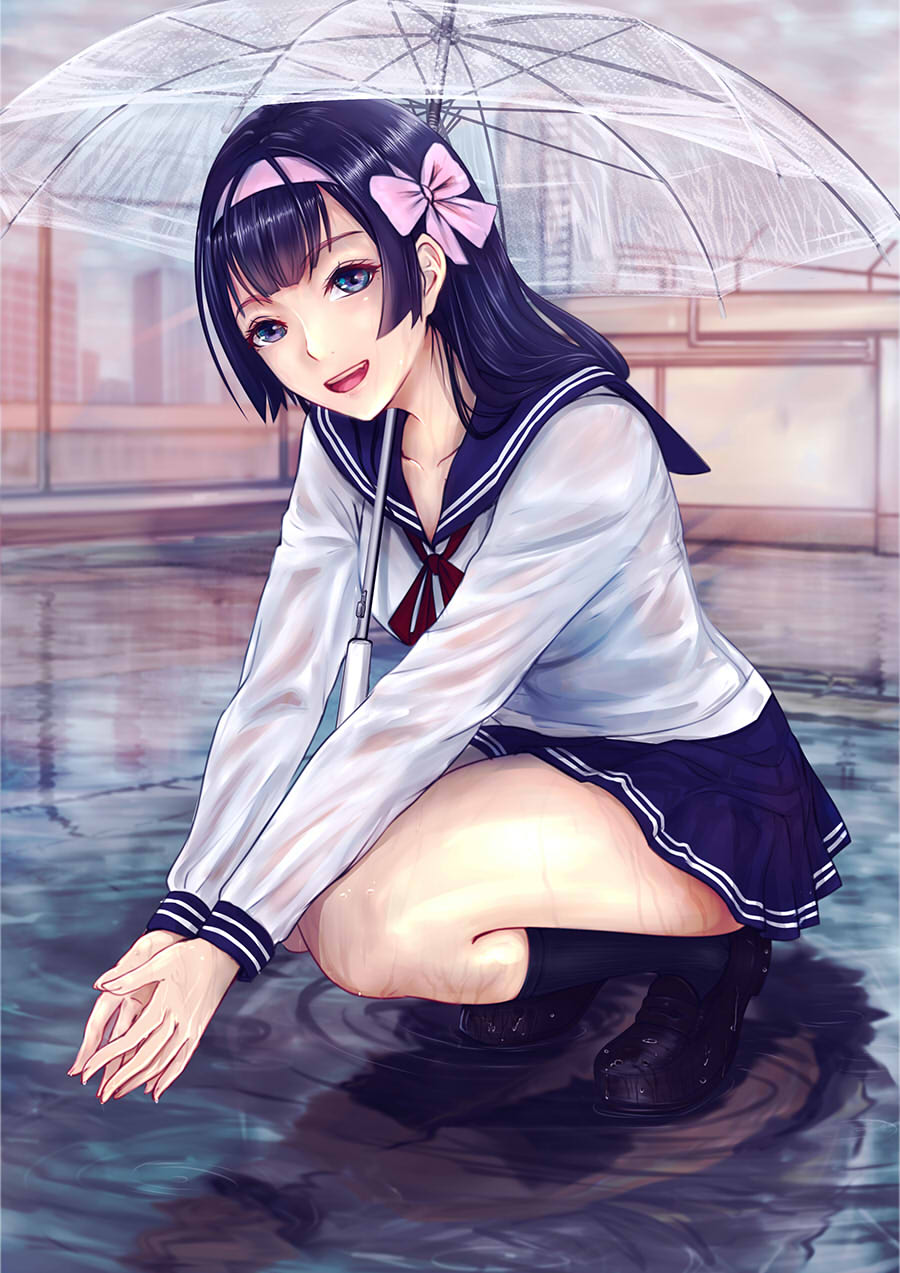 1girl :d black_hair blue_eyes blue_skirt bow full_body hair_bow hairband highres konekoneko_(indonesia) long_hair looking_at_viewer open_mouth outdoors parasol pink_bow puddle school_uniform see-through serafuku skirt smile solo squatting thighs transparent_umbrella umbrella wet wet_clothes