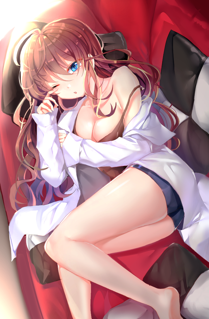 1girl ahoge blue_eyes breasts brown_hair cleavage couch ichinose_shiki idolmaster idolmaster_cinderella_girls idolmaster_cinderella_girls_starlight_stage long_hair looking_at_viewer lying miyo_(user_zdsp7735) one_eye_closed parted_lips pillow pleated_skirt skirt solo waking_up