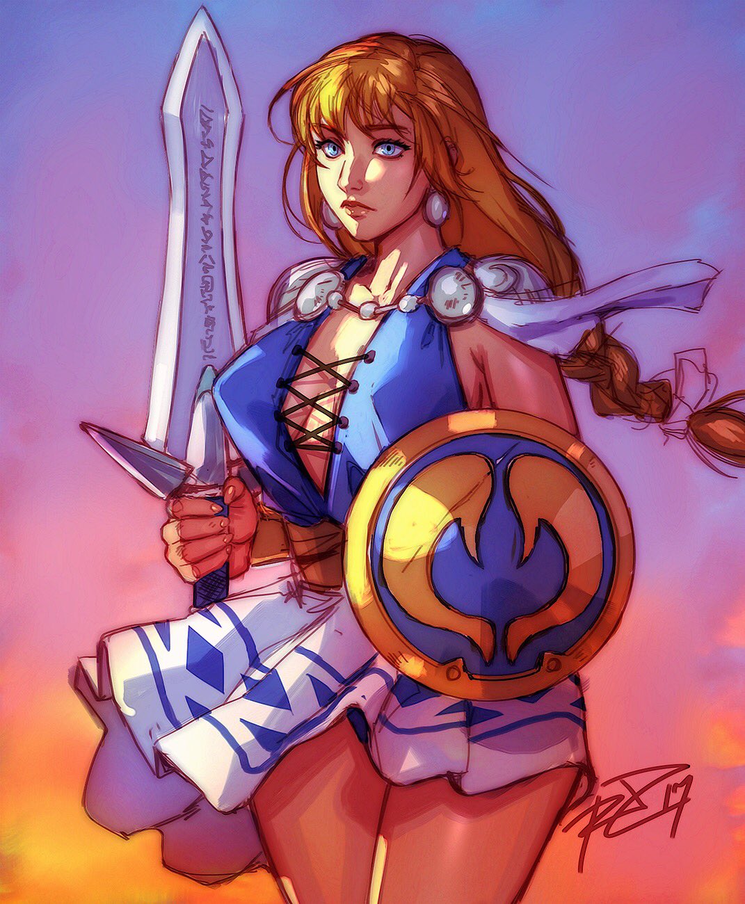 1girl blonde_hair blue_eyes braid breasts cleavage earrings highres holding holding_weapon jewelry large_breasts lips long_hair looking_at_viewer no_bra robert_porter shield sideboob signature single_braid skirt solo sophitia_alexandra soul_calibur soulcalibur_vi sword weapon white_skirt