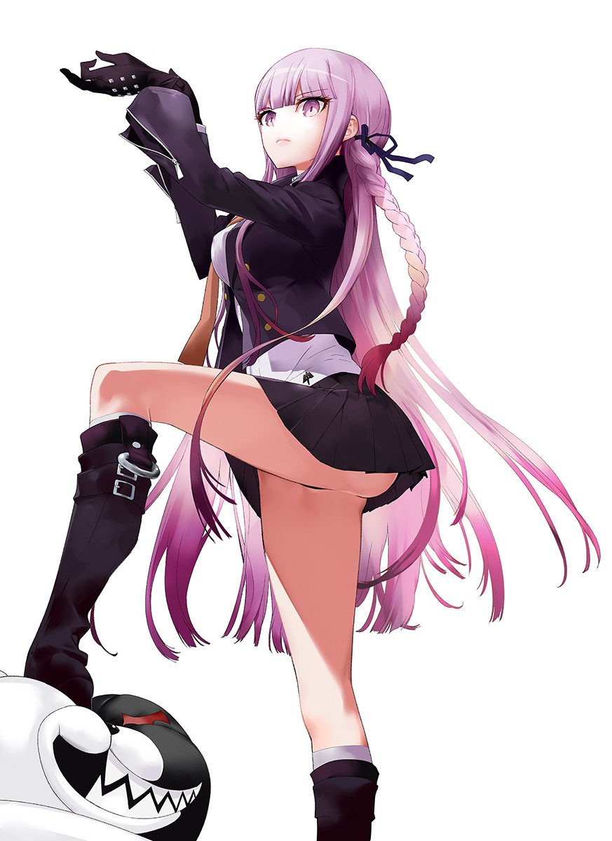 1girl boots braid dangan_ronpa dangan_ronpa_1 gloves highres jacket kirigiri_kyouko long_hair monokuma okazaki_takeshi purple_hair side_braid skirt violet_eyes