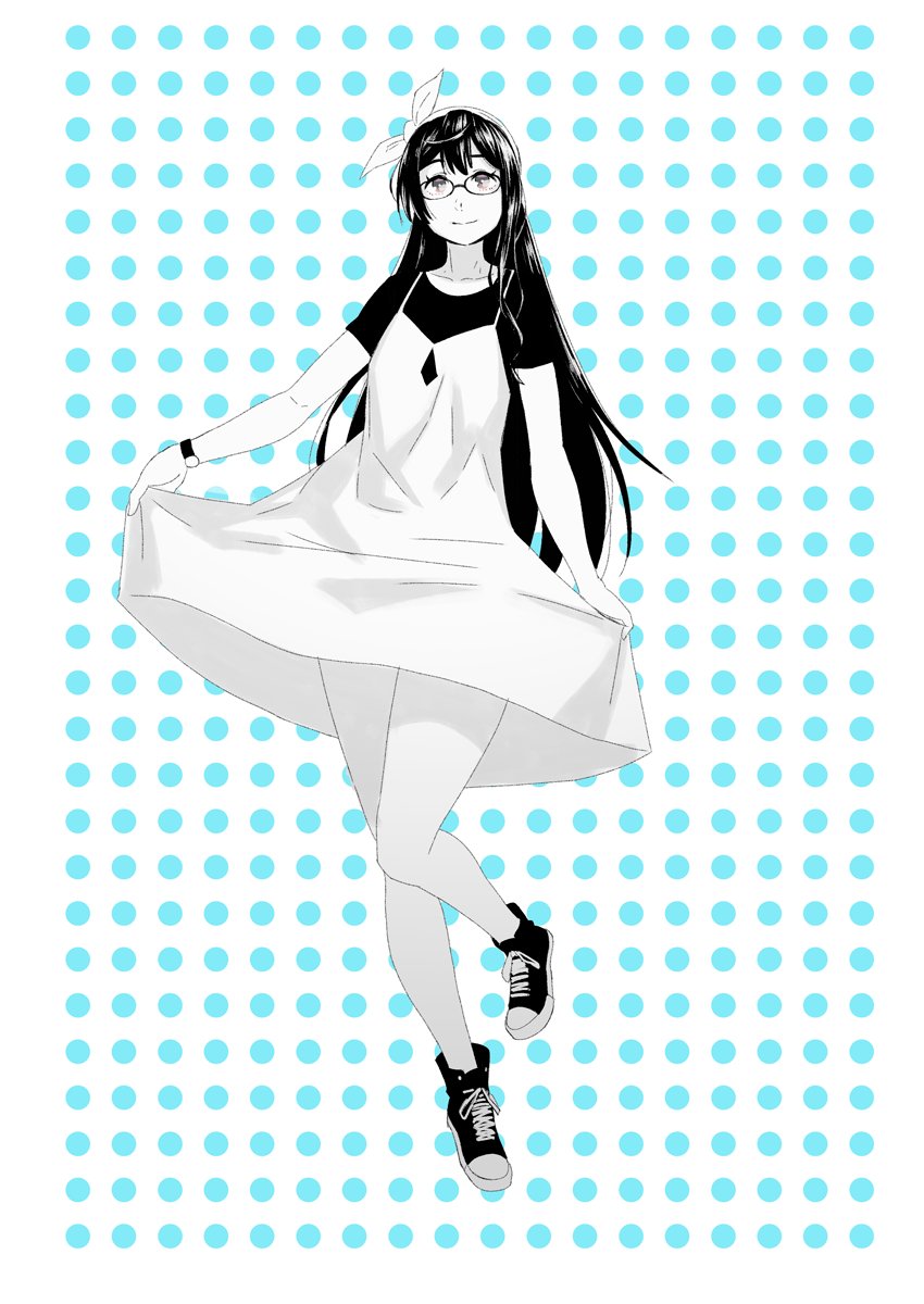 1girl ahoge blue_background bow closed_mouth commentary_request dress dress_lift full_body glasses greyscale hair_bow hairband highres kantai_collection long_hair looking_at_viewer monochrome ooshio_(kantai_collection) polka_dot polka_dot_background shoes short_sleeves smile sneakers solo standing standing_on_one_leg yuuji_(and)