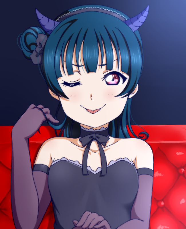 :p bangs bare_shoulders blue_hair blunt_bangs blush choker closed_mouth commentary couch demon_horns elbow_gloves fake_horns gloves hair_bun hair_ribbon hairband horns long_hair love_live! love_live!_sunshine!! one_eye_closed ribbon side_bun sleeveless smile sooki tongue tongue_out tsushima_yoshiko upper_body violet_eyes