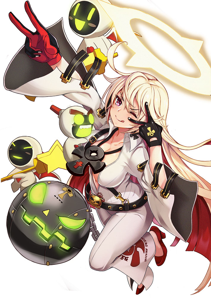 1girl ;q arm_up belt blonde_hair blush blush_stickers bodysuit breasts buckle chin cleavage clothes_writing collarbone cross cross_necklace double_v floating from_above full_body gloves guilty_gear guilty_gear_xrd hand_up high_heels i-no jack-o'_valentine jewelry large_breasts leg_up long_hair long_sleeves looking_at_viewer looking_up multicolored_hair necklace one_eye_closed perspective pink_eyes red_footwear red_gloves redhead robot solo standing standing_on_one_leg star tongue tongue_out tori_(king8162635) two-tone_hair v v_over_eye very_long_hair white_bodysuit wide_sleeves