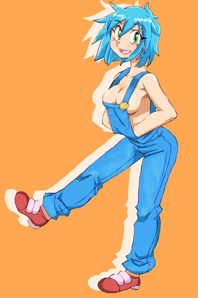 1girl allenby_beardsley breasts cleavage commentary_request g_gundam gundam naked_overalls onnaski open_mouth overalls short_hair smile solo