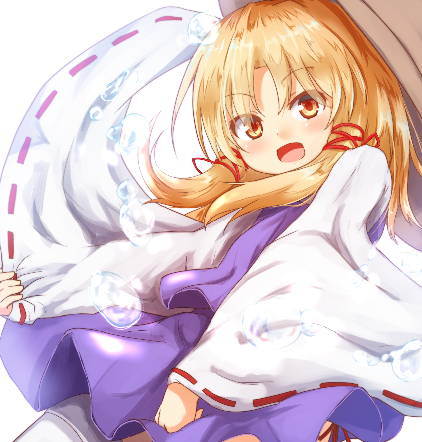 1girl baram blonde_hair commentary_request hat long_sleeves looking_at_viewer medium_hair moriya_suwako open_mouth purple_skirt simple_background skirt solo thigh-highs touhou white_background white_legwear white_sleeves wide_sleeves yellow_eyes