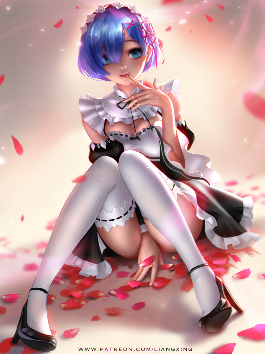 1girl black_ribbon blue_eyes blue_hair blurry blurry_background breasts cleavage detached_sleeves eyes_visible_through_hair finger_to_mouth hair_over_one_eye high_heels highres liang_xing looking_to_the_side maid maid_headdress medium_breasts parted_lips petals re:zero_kara_hajimeru_isekai_seikatsu rem_(re:zero) ribbon ribbon-trimmed_clothes ribbon_trim short_hair sitting solo underbust watermark web_address white_legwear