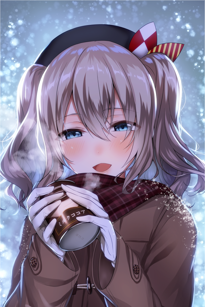 1girl :d alternate_costume beret black_hat blue_eyes blush breat breath can duffel_coat eyebrows_visible_through_hair gloves hair_between_eyes half-closed_eyes haruno_suzune hat hat_ribbon holding kantai_collection kashima_(kantai_collection) lips long_hair long_sleeves looking_at_viewer open_mouth plaid plaid_scarf red_scarf ribbon scarf silver_hair sleeves_past_wrists smile snow soda_can solo twintails upper_body wavy_hair white_gloves