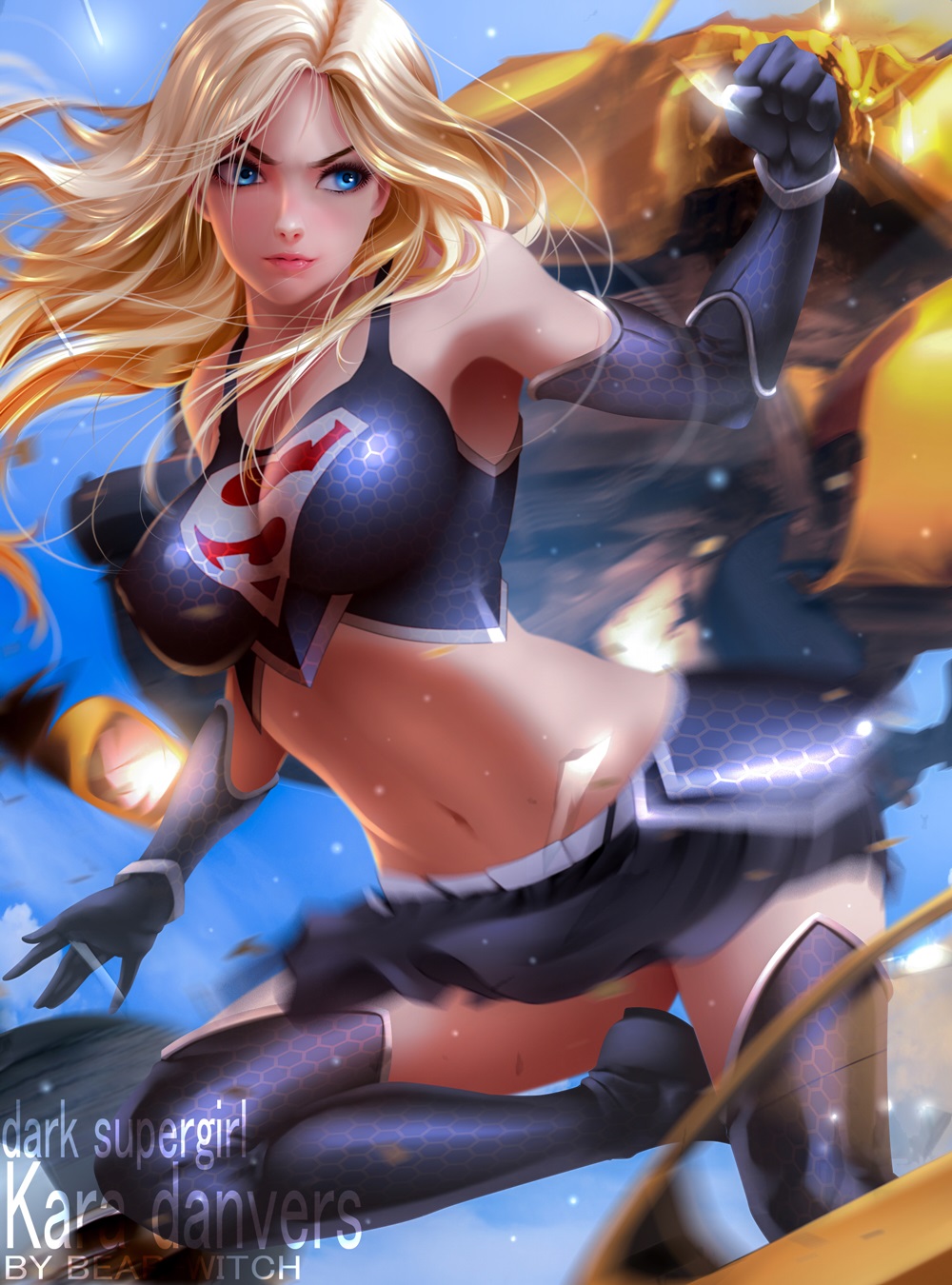 1girl adapted_costume alternate_color alternate_costume armpits bearwitch blonde_hair blue_eyes breasts dark_persona dc_comics elbow_gloves erect_nipples gloves highres impossible_clothes impossible_shirt large_breasts long_hair midriff miniskirt shirt skirt supergirl tagme thigh-highs zettai_ryouiki