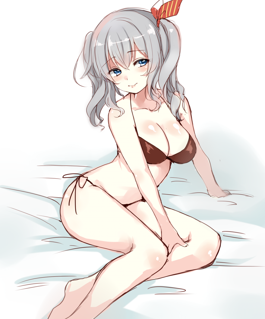 1girl bikini black_bikini blue_eyes blush breasts cleavage closed_mouth grey_hair hair_ribbon kantai_collection kashima_(kantai_collection) light_smile long_hair looking_at_viewer looking_to_the_side medium_breasts on_bed paragasu_(parags112) ribbon side-tie_bikini sitting sitting_on_bed smile solo swimsuit twintails