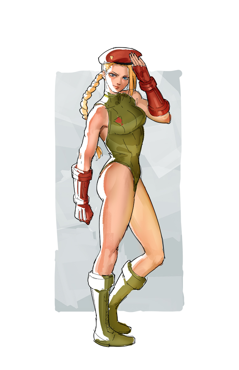 1girl bare_shoulders beret blonde_hair blue_background blue_eyes boots braid cammy_white closed_mouth contrapposto full_body gloves green_footwear green_leotard hat highres leotard red_gloves red_hat salute single_braid solo standing street_fighter tim_loechner