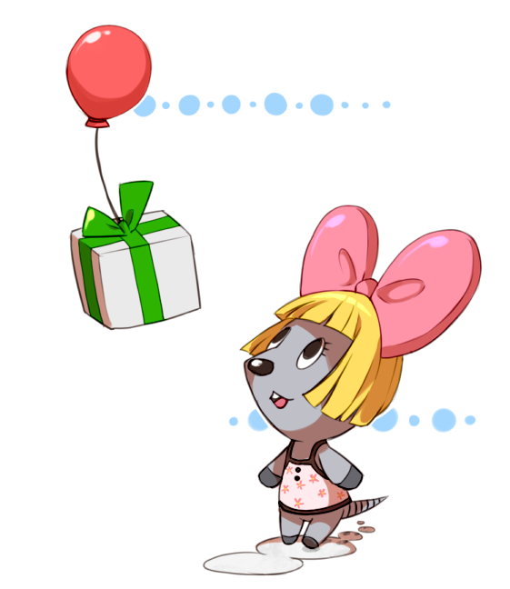 1girl animal_ears balloon blonde_hair bow box chuuko_(doubutsu_no_mori) doubutsu_no_mori examinee furry gift gift_box mouse_ears mouse_tail open_mouth simple_background solo tail teeth white_background