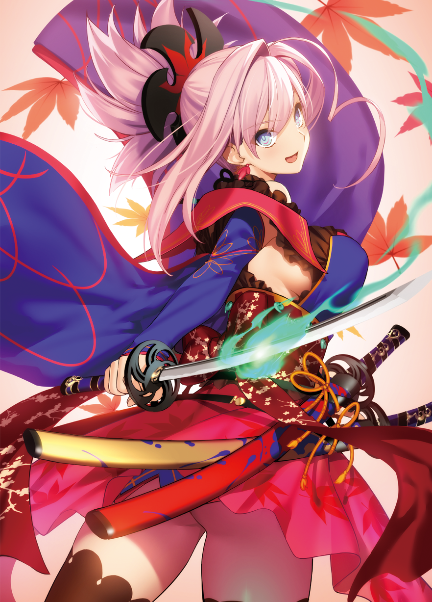 1girl ahoge ass black_legwear blue_eyes bright_pupils cowboy_shot cropped detached_sleeves earrings eyebrows_visible_through_hair fate/grand_order fate_(series) fire from_behind hair_intakes hair_ornament highres japanese_clothes jewelry katana leaf long_sleeves looking_back maple_leaf miyamoto_musashi_(fate/grand_order) obi open_mouth pink_hair ponytail sash sidelocks simple_background skirt smile solo sword thigh-highs weapon wide_sleeves yangsion