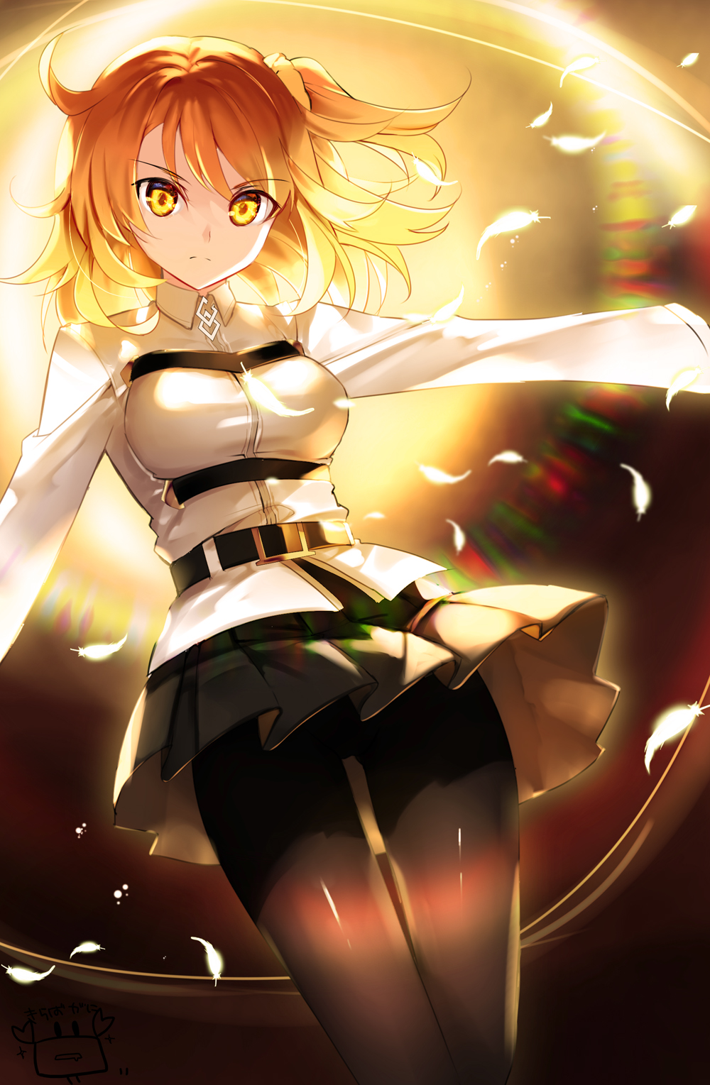 1girl ahoge backlighting belt belt_buckle black_legwear breasts buckle closed_mouth eyebrows_visible_through_hair fate/grand_order fate_(series) feathers from_below fujimaru_ritsuka_(female) glowing hair_ornament hair_scrunchie highres light long_sleeves looking_down medium_breasts miniskirt one_side_up orange_hair outstretched_arm pantyhose pleated_skirt scrunchie serious short_hair signature skirt solo standing thigh_gap tsurime underbust uniform v-shaped_eyebrows wing_collar yellow_eyes yuuki_kira