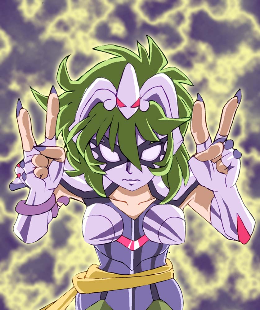 1girl armor breasts fingerless_gloves gloves green_hair long_hair mask onnaski ophiuchus_shaina saint_seiya saint_seiya_omega shoulder_pads solo