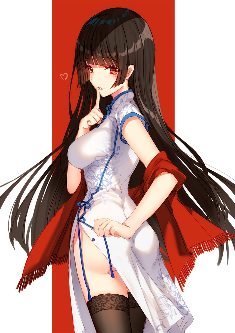 1girl ass bangs bison_cangshu black_legwear blunt_bangs blush breasts china_dress chinese_clothes dress finger_to_mouth fringe from_behind hand_up heart index_finger_raised long_hair looking_at_viewer looking_back medium_breasts no_panties original parted_lips shade shawl short_sleeves shushing side_slit sidelocks smile solo thigh-highs thighs very_long_hair