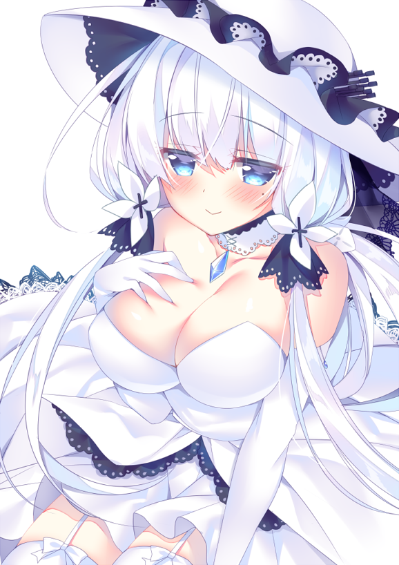 1girl azur_lane bare_shoulders blue_eyes blush breasts cleavage detached_collar dress elbow_gloves garter_straps gloves hair_ornament hand_on_own_chest hat illustrious_(azur_lane) large_breasts long_hair looking_at_viewer low_twintails mole mole_under_eye smile solo sorai_shin'ya strapless strapless_dress thigh-highs twintails white_background white_dress white_hair white_legwear