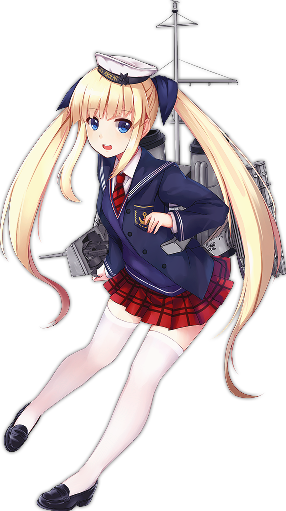 1girl allenes ardent_(azur_lane) asymmetrical_hair azur_lane black_footwear blonde_hair blue_eyes clothes_writing eyebrows eyebrows_visible_through_hair full_body hat jacket loafers long_hair machinery miniskirt necktie official_art plaid plaid_skirt pleated_skirt red_neckwear red_skirt sailor_hat shoes simple_background skirt solo thigh-highs torpedo transparent_background turret twintails white_hat white_legwear zettai_ryouiki