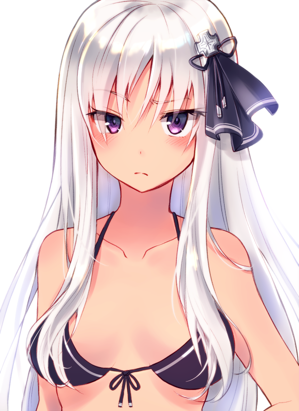 1girl bangs bikini black_bikini blush breasts closed_mouth collarbone eyebrows_visible_through_hair front-tie_bikini front-tie_top itsumi_mita long_hair looking_at_viewer medium_breasts original silver_hair simple_background solo swimsuit tan tsurime upper_body violet_eyes white_background