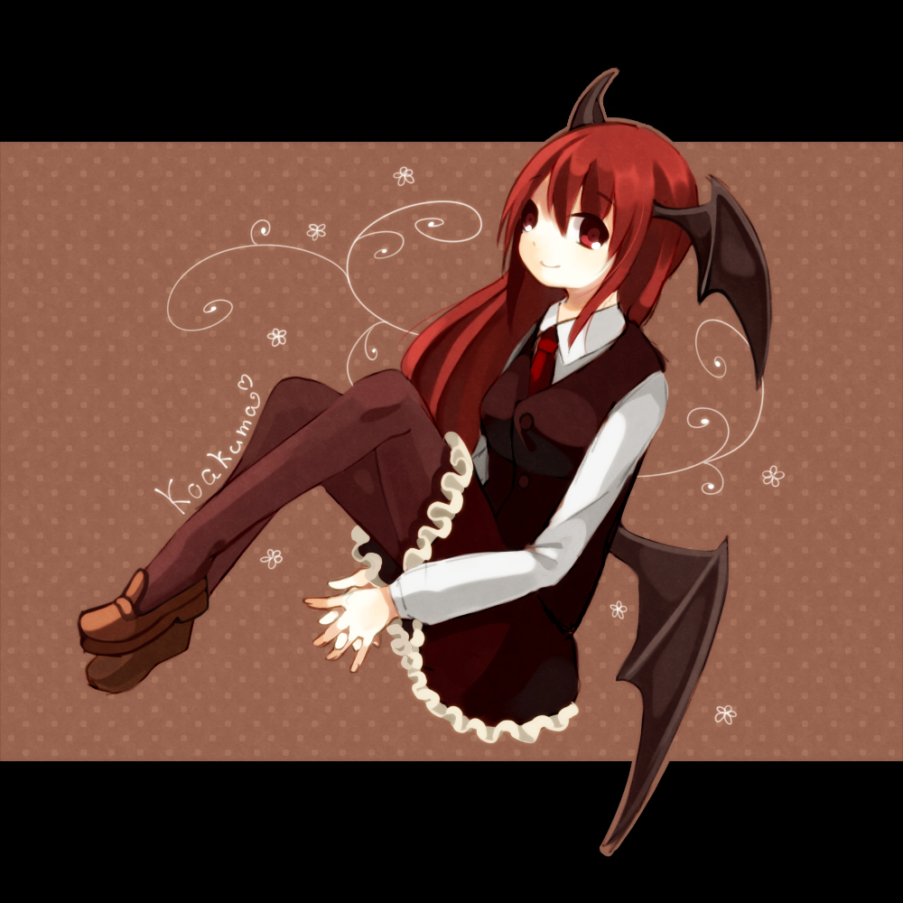 1girl bat_wings black_legwear character_name dress_shirt eyebrows_visible_through_hair frilled_skirt frills full_body head_wings koakuma letterboxed loafers long_sleeves looking_at_viewer low_wings mio_(asterisk) necktie outline pantyhose polka_dot polka_dot_background red_eyes red_neckwear redhead shirt shoes simple_background sitting skirt skirt_set smile solo touhou vest white_shirt wings
