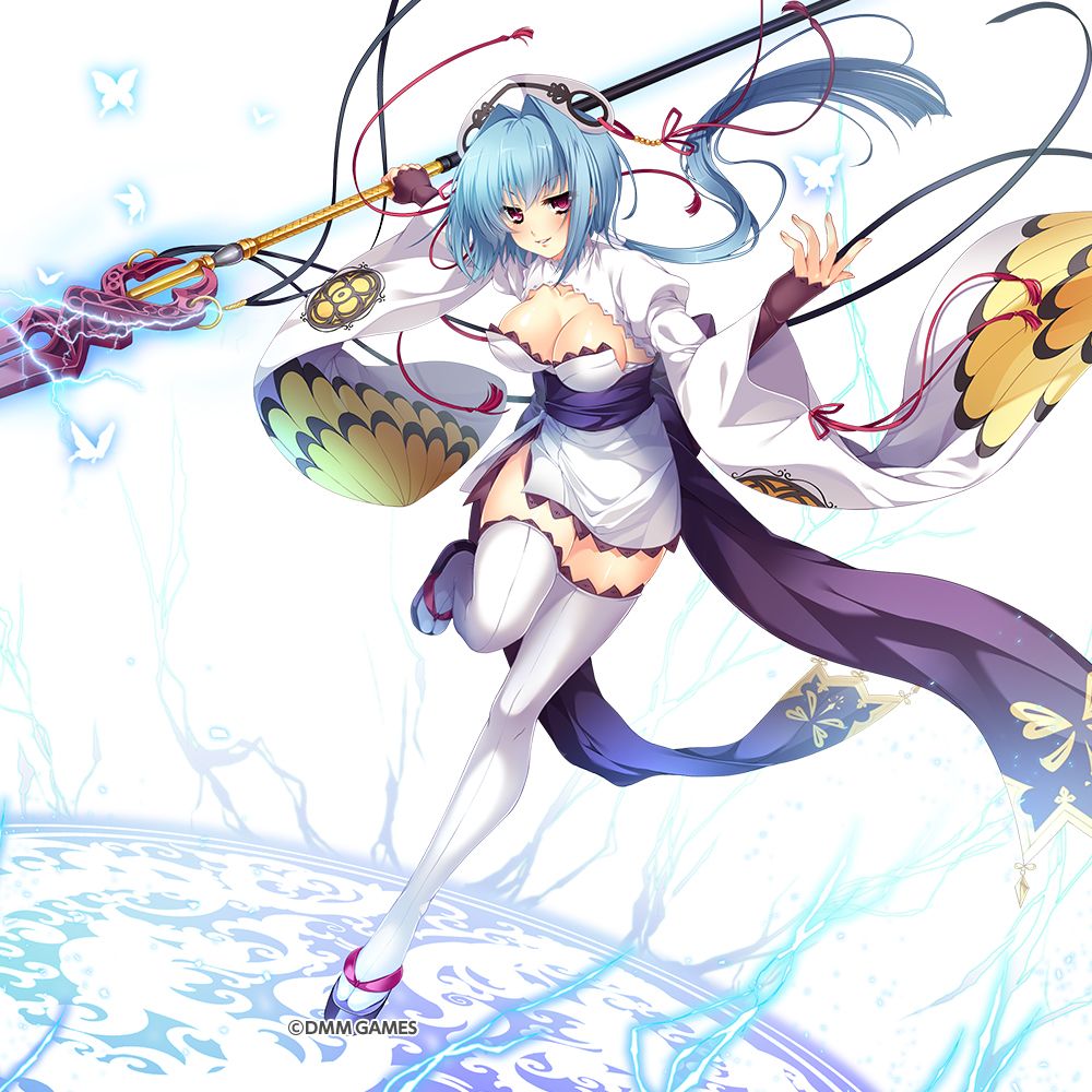 1girl bangs blue_hair breasts butterfly chouun cleavage copyright_name eyebrows_visible_through_hair hair_between_eyes hat holding holding_weapon japanese_clothes kami_project katagiri_hinata koihime_musou large_breasts lightning looking_at_viewer medium_breasts obi official_art one_leg_raised parted_lips polearm ribbon sash short_hair simple_background smile solo spear thigh-highs violet_eyes weapon white_legwear wide_sleeves zettai_ryouiki