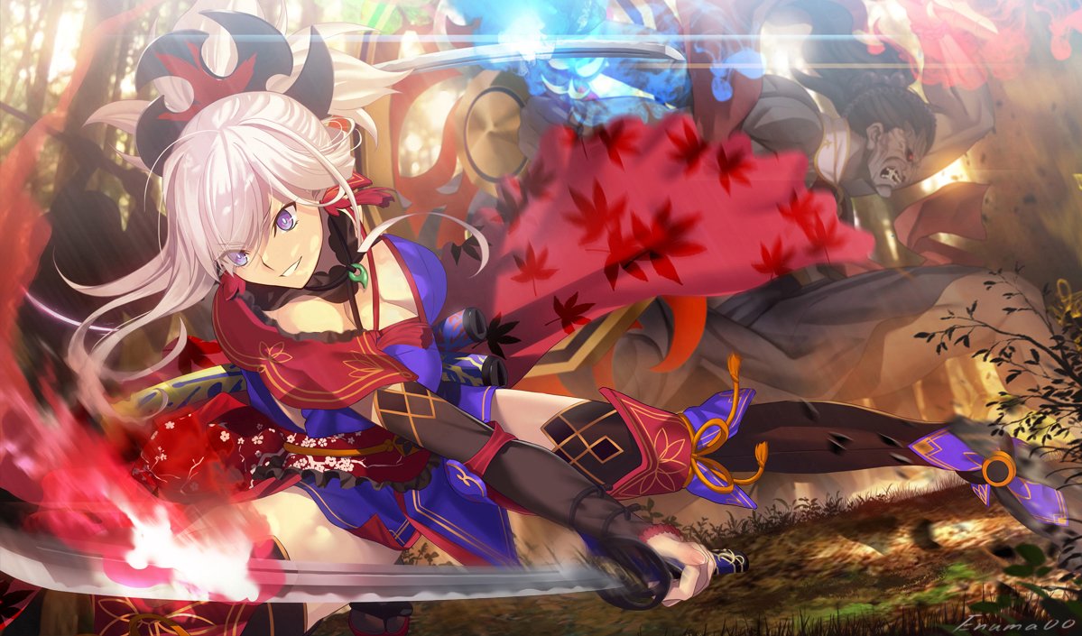 1girl aora black_gloves black_legwear breasts cleavage dual_wielding elbow_gloves fate/grand_order fate_(series) gloves grin holding holding_sword holding_weapon katana long_hair miyamoto_musashi_(fate/grand_order) pink_hair ponytail smile solo sword thigh-highs violet_eyes weapon