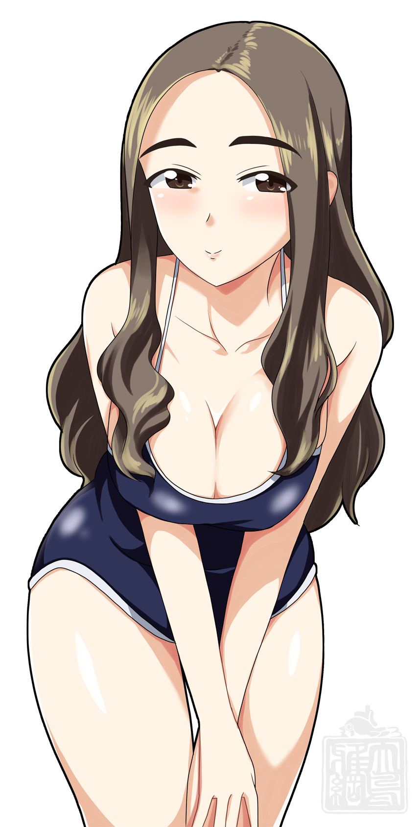 1girl blue_swimsuit breasts brown_eyes brown_hair forehead highres large_breasts leaning_forward long_hair looking_at_viewer old_school_swimsuit ootori_masatsuna original school_swimsuit shiny shiny_skin standing swimsuit thick_eyebrows watermark