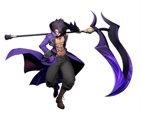 1boy abs bare_chest blazblue:_cross_tag_battle gordeau hair_over_one_eye jacket official_art open_clothes open_jacket scythe solo under_night_in-birth