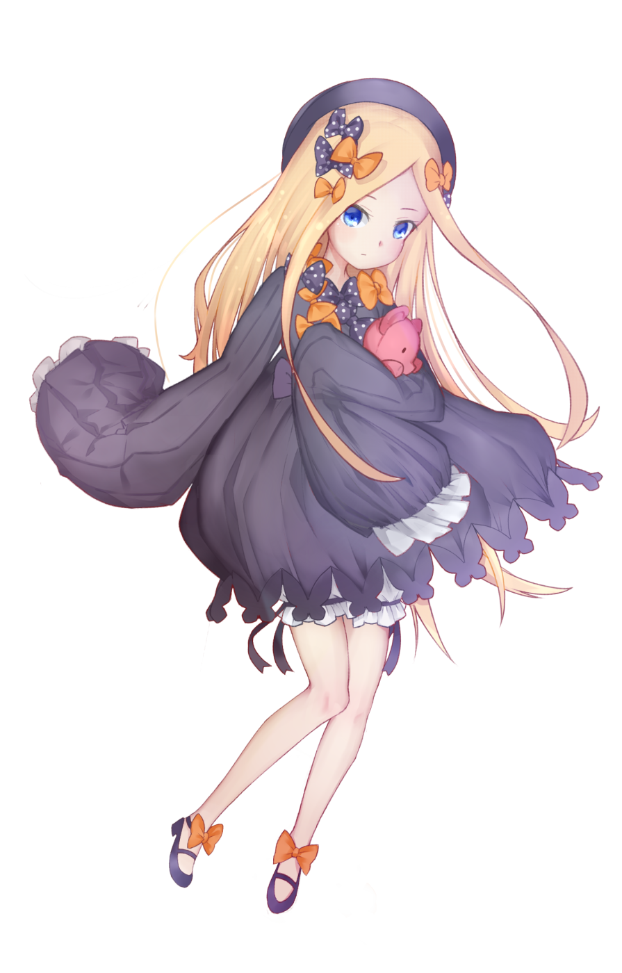 1girl abigail_williams_(fate/grand_order) bangs black_bow black_dress black_hat blonde_hair blue_eyes blush bmo_(zero1017) bow butterfly closed_mouth commentary_request dress fate/grand_order fate_(series) hair_bow hands_in_sleeves hat high_heels highres long_hair long_sleeves looking_at_viewer object_hug orange_bow parted_bangs polka_dot polka_dot_bow purple_footwear shoes simple_background solo stuffed_animal stuffed_toy teddy_bear very_long_hair white_background