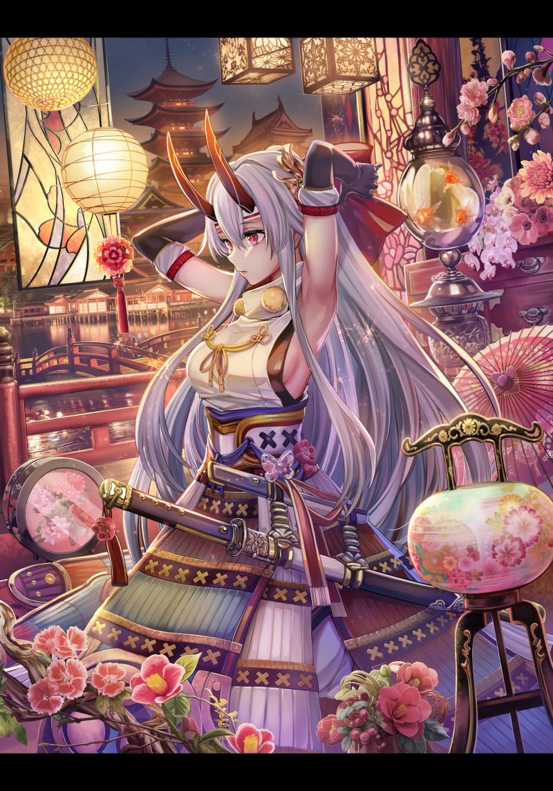 1girl adjusting_hair architecture armor armpits black_gloves building detached_sleeves east_asian_architecture elbow_gloves fate/grand_order fate_(series) gloves katana lampion long_hair looking_at_viewer oni_horns parted_lips red_eyes solo sword tomoe_gozen_(fate/grand_order) torino_akua tower weapon white_hair
