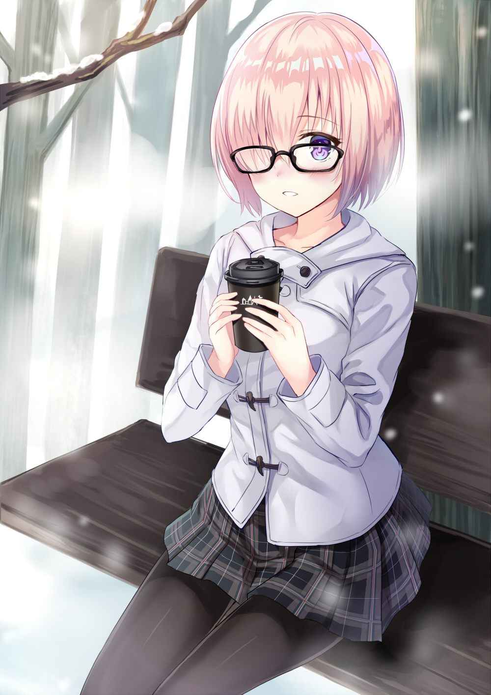 1girl bangs bare_tree bench black_legwear black_skirt blush coffee_cup commentary_request duffel_coat eyebrows_visible_through_hair fate/grand_order fate_(series) hair_over_one_eye hands_up harimoji highres lavender_hair legs_together light_smile looking_at_viewer mash_kyrielight miniskirt outdoors pantyhose park_bench parted_lips pink_hair plaid plaid_skirt pleated_skirt short_hair skirt smile snow solo tareme tree violet_eyes