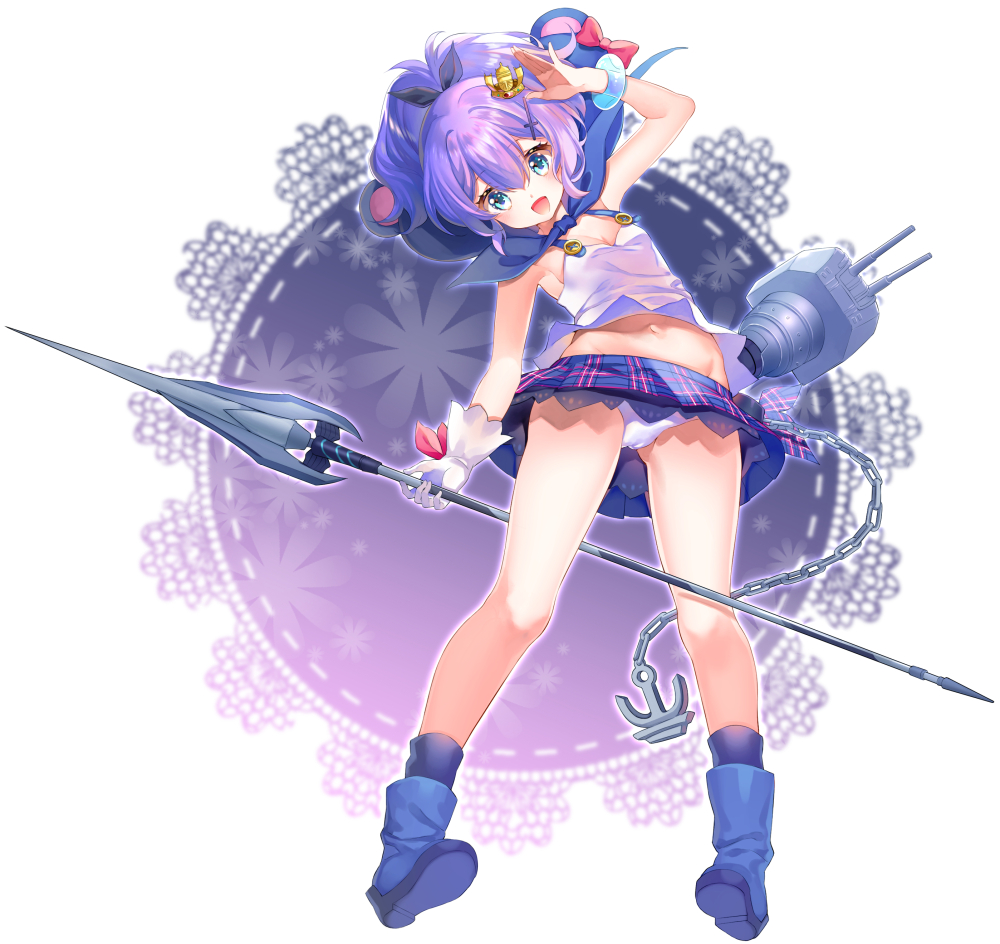 1girl :d azur_lane blue_eyes breasts cleavage commentary_request crown hair_ribbon holding javelin_(azur_lane) long_hair looking_at_viewer machinery mini_crown navel open_mouth plaid plaid_skirt pleated_skirt polearm ponytail purple_hair ribbon shiosoda skirt smile solo turret weapon