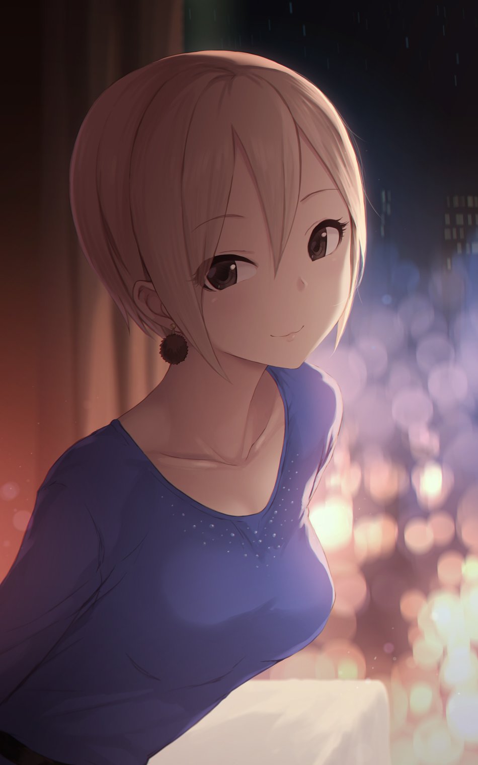 1girl black_eyes blue_shirt blurry blurry_background breasts cait collarbone commentary_request curtains earrings grey_hair hair_between_eyes highres idolmaster idolmaster_cinderella_girls indoors jewelry looking_at_viewer medium_breasts night night_sky shiomi_shuuko shirt short_hair silver_hair sky smile solo window