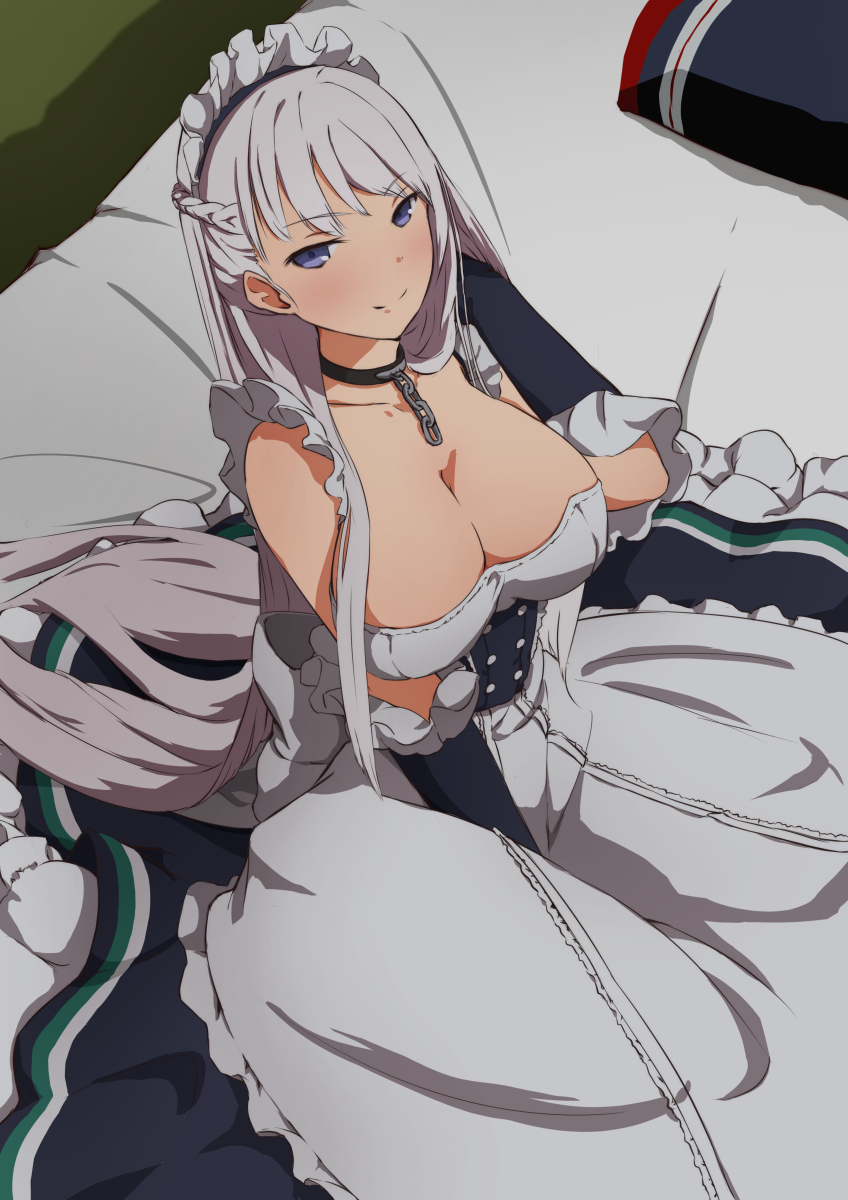 1girl apron arm_up azur_lane bangs bare_shoulders bed bed_sheet belfast_(azur_lane) black_gloves black_skirt braid breasts chains cleavage collar collarbone corset dress elbow_gloves french_braid frilled_apron frilled_dress frills gloves hand_in_hair highres large_breasts long_hair long_skirt looking_at_viewer maid maid_headdress on_bed pillow silver_hair sitting skirt solo sonri tsurime very_long_hair violet_eyes white_apron