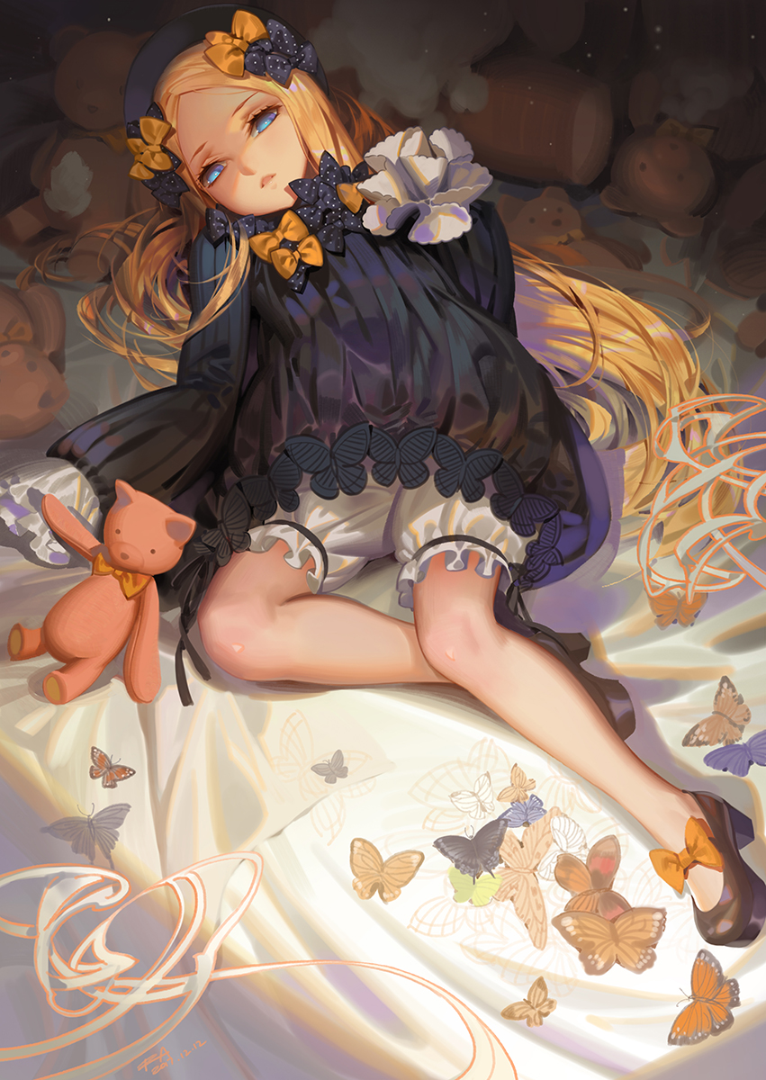 1girl abigail_williams_(fate/grand_order) alphonse_(white_datura) animal bangs bed_sheet black_bow black_dress black_footwear black_hat blonde_hair bloomers blue_eyes bow butterfly dress fate/grand_order fate_(series) forehead hair_bow hands_in_sleeves hat high_heels highres long_hair long_sleeves looking_at_viewer lying on_back orange_bow parted_bangs parted_lips polka_dot polka_dot_bow shoes solo stuffed_animal stuffed_toy teddy_bear underwear very_long_hair white_bloomers