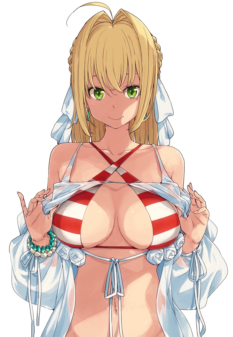 1girl ahoge bangs bare_shoulders bikini_top blonde_hair bracelet braid breasts closed_mouth collarbone criss-cross_halter earrings fate/grand_order fate_(series) front-tie_top green_eyes hair_intakes hair_ribbon halterneck highres imigimuru jewelry large_breasts looking_at_viewer medium_hair navel nero_claudius_(fate)_(all) nero_claudius_(swimsuit_caster)_(fate) ribbon simple_background smile solo striped_bikini_top white_background