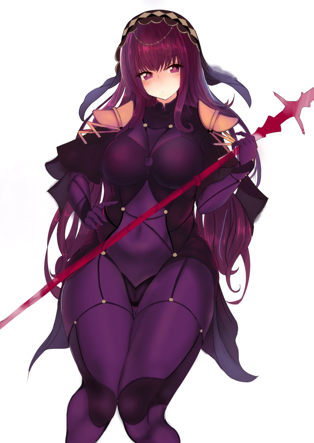 armor bodysuit breasts covered_navel fafas68 fate/grand_order fate_(series) highres large_breasts long_hair pauldrons polearm purple_bodysuit purple_hair scathach_(fate/grand_order) shoulder_armor spear veil weapon
