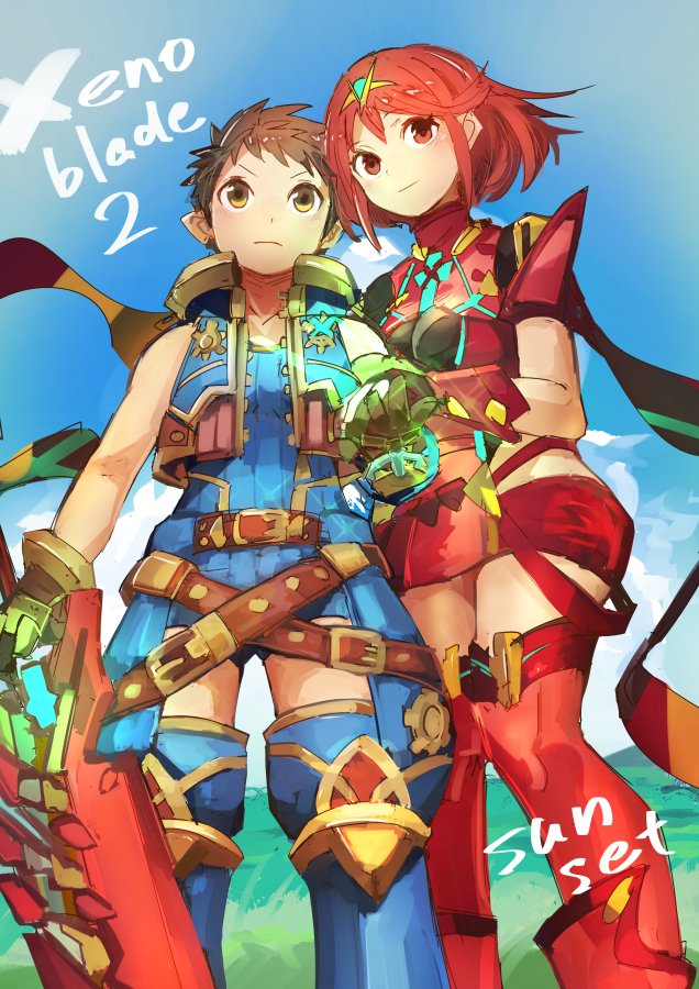 1boy 1girl artist_name belt blue_sky bodysuit brown_gloves brown_hair copyright_name crotchless_pants geetgeet gloves grass pyra_(xenoblade) red_eyes redhead rex_(xenoblade_2) ribbed_bodysuit short_hair sidelocks skirt sky sword tiara vest weapon xenoblade xenoblade_2 yellow_eyes