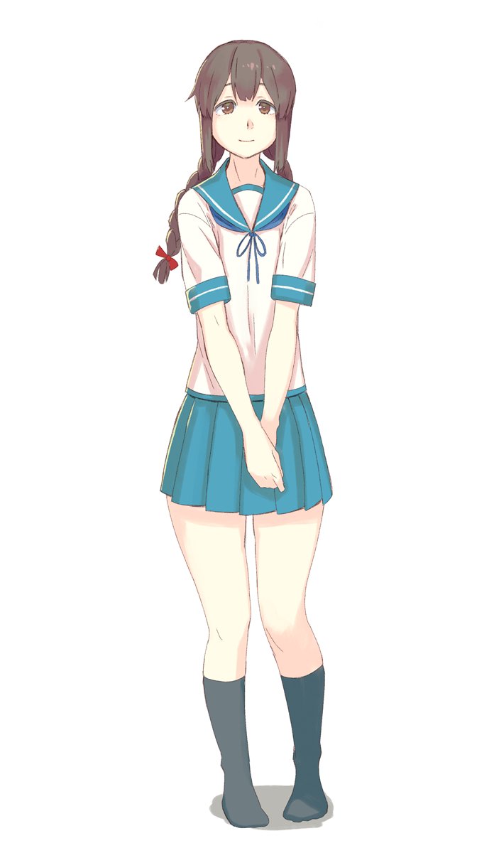 1girl bangs black_legwear blue_neckwear blue_ribbon blue_sailor_collar blue_skirt braid brown_eyes brown_hair full_body hair_ribbon highres isonami_(kantai_collection) kantai_collection long_hair looking_at_viewer neck_ribbon pleated_skirt ribbon sailor_collar school_uniform serafuku shirt short_sleeves simple_background skirt smile socks solo standing tress_ribbon twin_braids v_arms white_background white_shirt yuuji_(and)