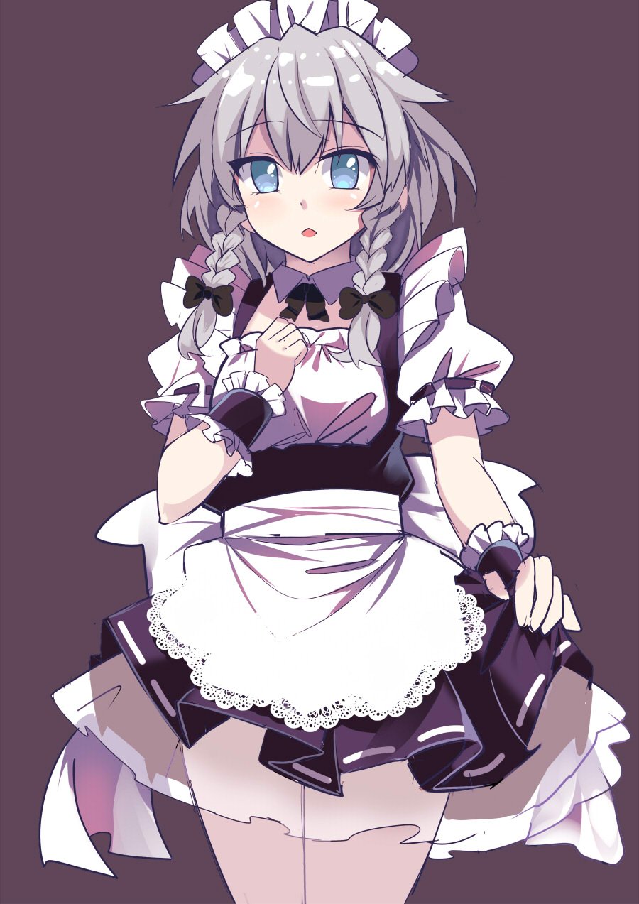 1girl apron black_bow blue_eyes bow braid commentary_request e.o. frills hair_bow hand_on_own_chest highres izayoi_sakuya looking_at_viewer maid_headdress parted_lips petticoat puffy_short_sleeves puffy_sleeves purple_background short_hair short_sleeves solo touhou twin_braids white_hair wrist_cuffs