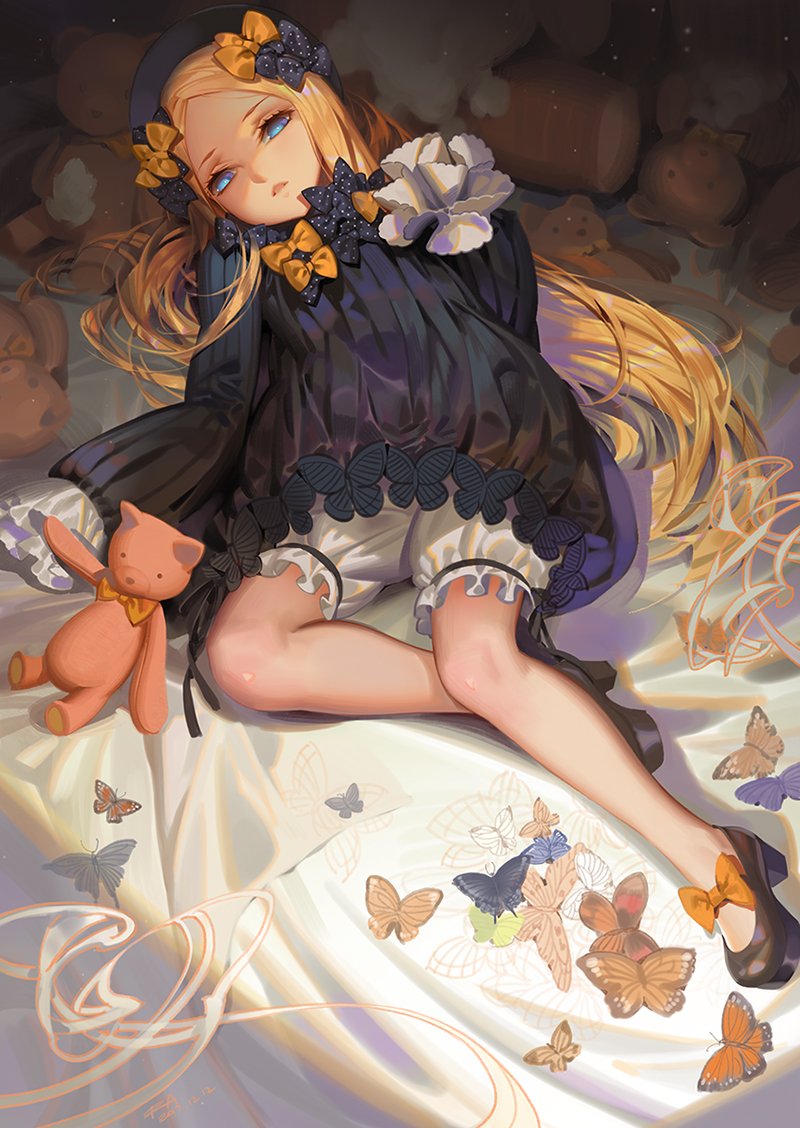 1girl abigail_williams_(fate/grand_order) alphonse_(white_datura) animal bangs bed_sheet black_bow black_dress black_footwear black_hat blonde_hair bloomers blue_eyes bow butterfly commentary_request dress fate/grand_order fate_(series) forehead hair_bow hands_in_sleeves hat high_heels long_hair long_sleeves looking_at_viewer lying on_back orange_bow parted_bangs parted_lips polka_dot polka_dot_bow shoes solo stuffed_animal stuffed_toy teddy_bear underwear very_long_hair white_bloomers