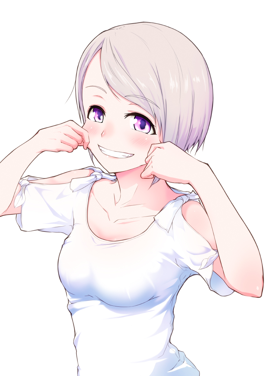 1girl :d blush breasts cheek_pinching commentary_request eyebrows_visible_through_hair hands_up hi_iro highres looking_at_viewer medium_breasts open_mouth original pinching purple_hair shirt short_hair shoulder_cutout simple_background smile solo upper_body violet_eyes white_background white_shirt