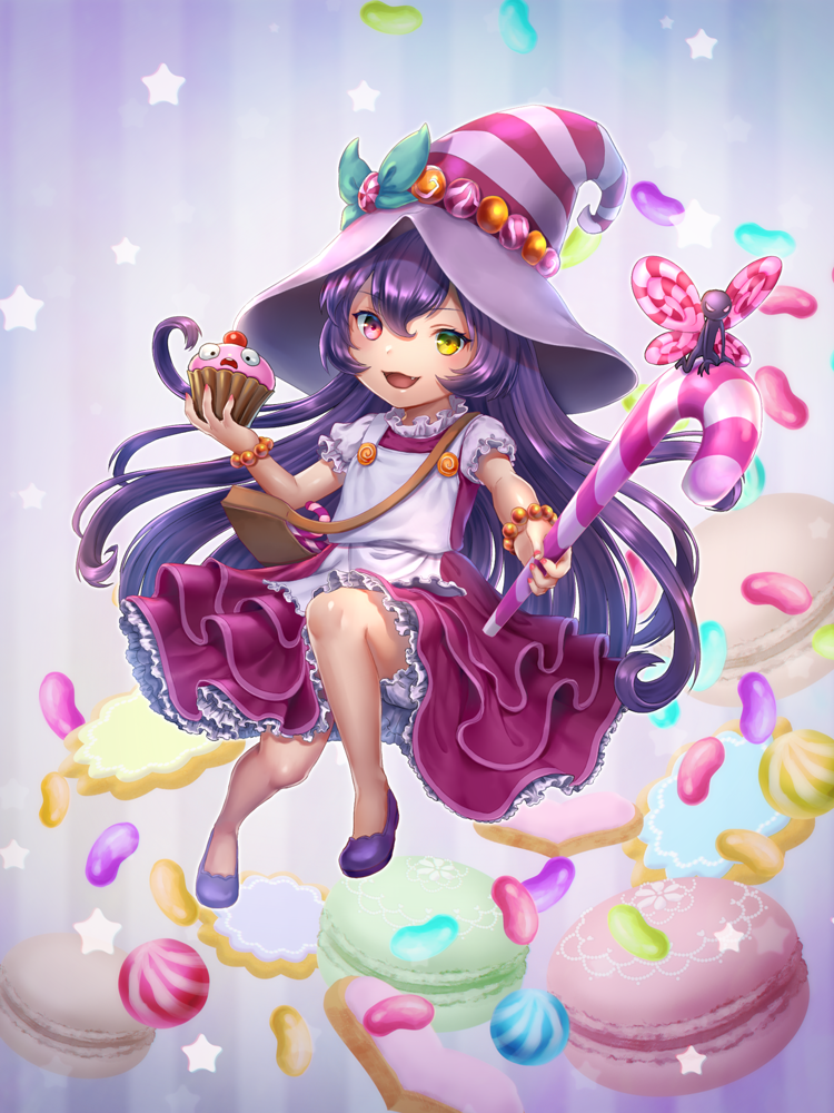 :d alternate_skin_color bag bittersweet_lulu bloomers bracelet candy candy_can cupcake food handbag hat heterochromia holding holding_food jelly_bean jewelry league_of_legends long_hair looking_at_viewer lulu_(league_of_legends) macaron open_mouth pink_skirt purple_footwear purple_hair skirt smile striped_hat underwear wand witch_hat