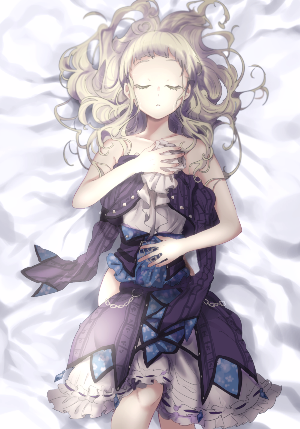 1girl aikatsu! bed_sheet closed_eyes closed_mouth clothes_removed covering dakimakura gothic_lolita hair_down highres holding_clothes lolita_fashion lying mgn0isi nude_cover on_back silver_hair solo toudou_yurika