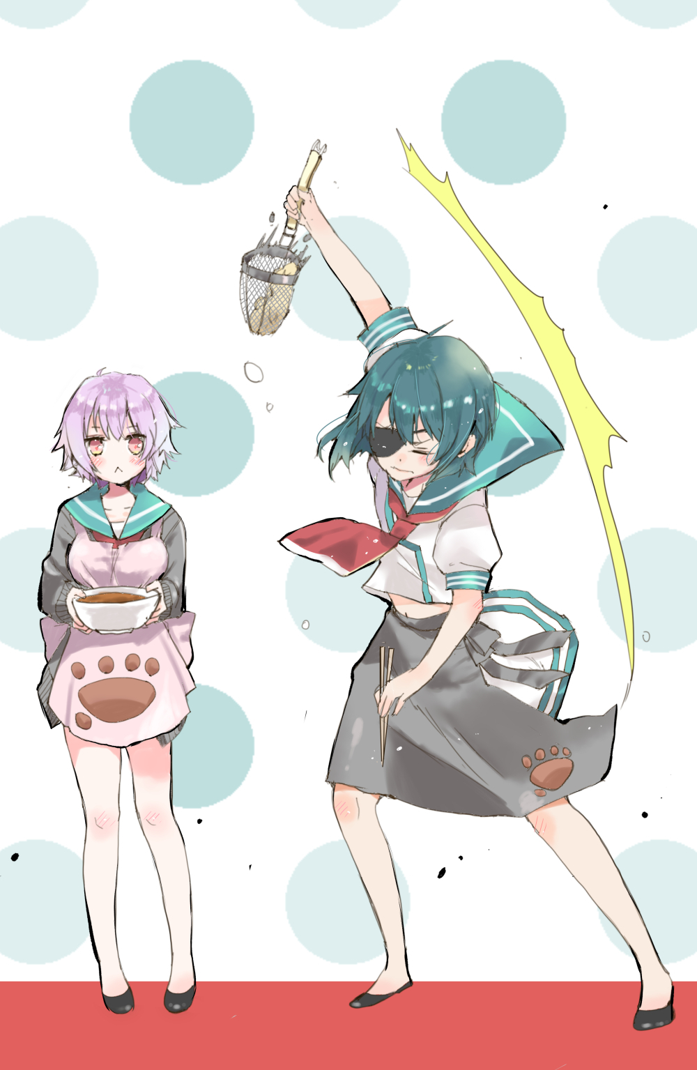 2girls :&lt; bowl chopsticks closed_eyes commentary_request eyepatch green_hair green_sailor_collar highres holding holding_bowl holding_chopsticks kantai_collection kiso_(kantai_collection) long_sleeves mitoko_(kuma) multiple_girls no_hat no_headwear pink_hair puffy_short_sleeves puffy_sleeves red_eyes sailor_collar school_uniform serafuku short_hair short_sleeves tama_(kantai_collection)