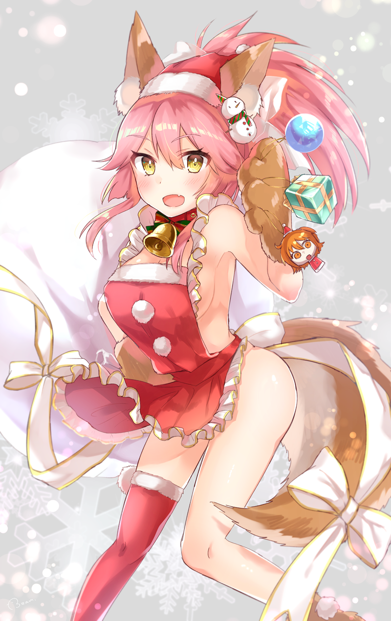 1girl ahoge animal_ears apron asymmetrical_legwear bell bell_collar blush breasts cat_paws christmas cleavage collar fangs fate/extra fate/grand_order fate_(series) fox_ears fox_tail fujimaru_ritsuka_(female) gloves hair_ornament hair_scrunchie hat highres hiyoko_biimu jingle_bell large_breasts long_hair looking_at_viewer naked_apron open_mouth orange_eyes orange_hair paw_gloves paw_shoes paws pink_hair ponytail riyo_(lyomsnpmp)_(style) santa_hat scrunchie shoes short_hair side_ponytail sideboob solo tail tamamo_(fate)_(all) tamamo_cat_(fate) thigh-highs yellow_eyes