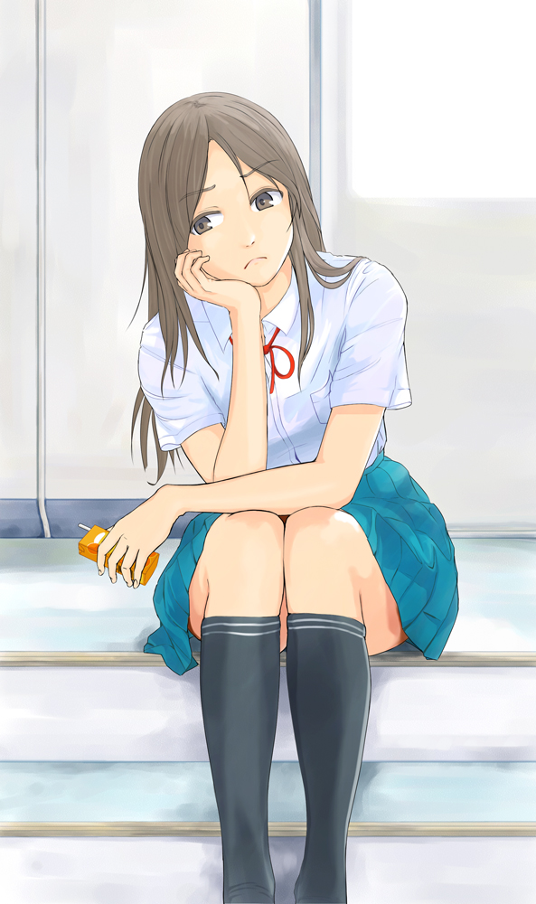 1girl black_legwear blue_skirt brown_eyes brown_hair chin_rest closed_mouth collared_shirt commentary_request eyebrows_visible_through_hair feet_out_of_frame frown head_tilt hi_iro holding indoors juice_box legs_together looking_at_viewer original pleated_skirt school_uniform shirt sitting skirt socks solo stairs uniform white_shirt wing_collar